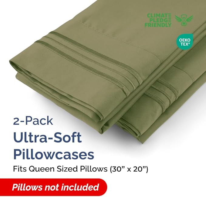Queen Pillow Cases Set of 2 - Ultra Soft Hotel Quality Pillowcase Covers - Comfy, Cozy & Wrinkle Free - Shrink, Stain & Fade Resistant - Machine Washable Pillow Protectors - 2 Piece Set - Sage Green