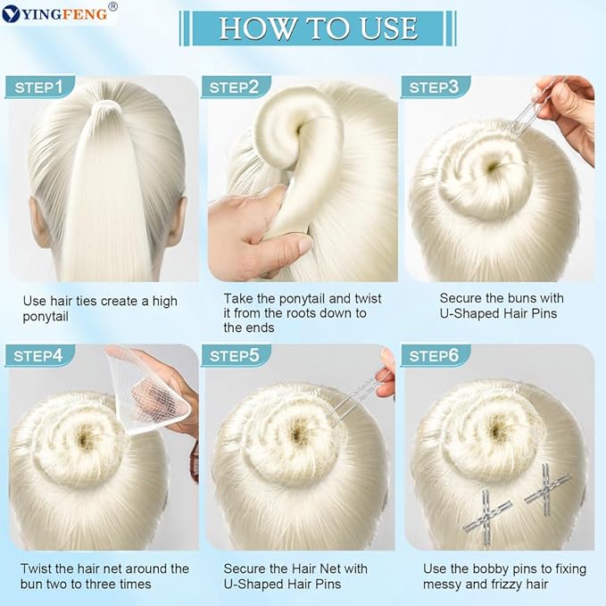 510PCS Silve Bobby Pins Hair Pins Kit with Hair Net, YINGFENG Includes 100 Bobby Pins for Women, 100 U-Shaped Buns Hair Clips, 300 Hair Bands and 10 White Hair Nets, for Gray Hair