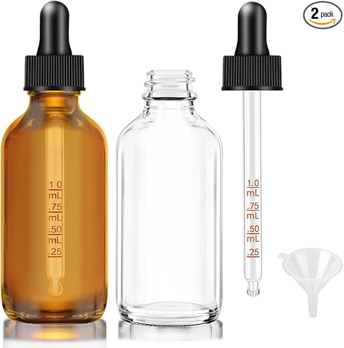Bumobum 2 oz Clear and Amber Bottle, 2 pack Glass Dropper Bottles for Essential Oils Bottles with Funnel, Labels and Measured Dropper - Leakproof Lap dispensing