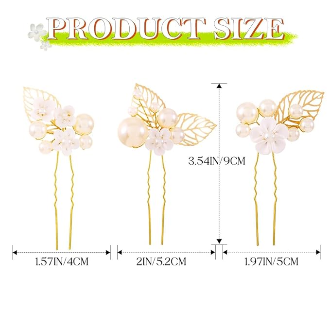 Evild Gold Bridal Hair Pins Pearl Wedding Hair Pieces Leaf Hair Accessories for Women (Pack of 3)
