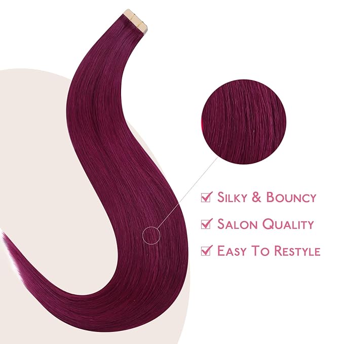 WENNALIFE Tape in Hair Extensions Human Hair Light Burgundy Tape in Extensions, 10pcs 20g 10 inch Remy Invisible Tape Ins Straight Colored Soft Real Human Hair Tape in Extensions Refill Set Extensions