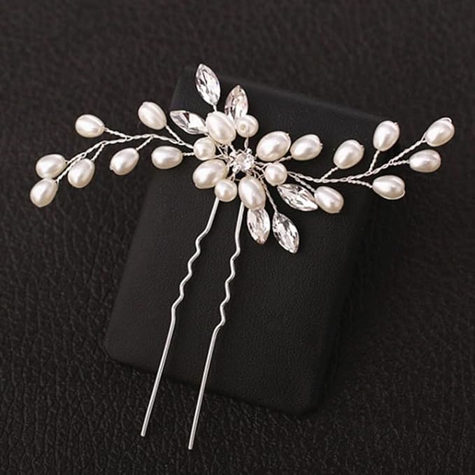 3PC Clysburtuony Bridal Hair Accessories for Women: Flower Side Hair Clips, Pearl Headpiece, Hair Pins (White Combs)