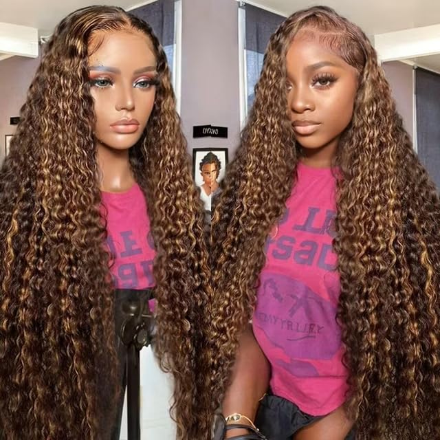 Honey Blonde Highlight Ombre Lace Front Wig Human Hair 210 Density 13x6 HD Lace Front Wigs Human Hair Deep Wave Curly Lace Frontal Wigs Pre Plucked with Baby Hair 24Inch