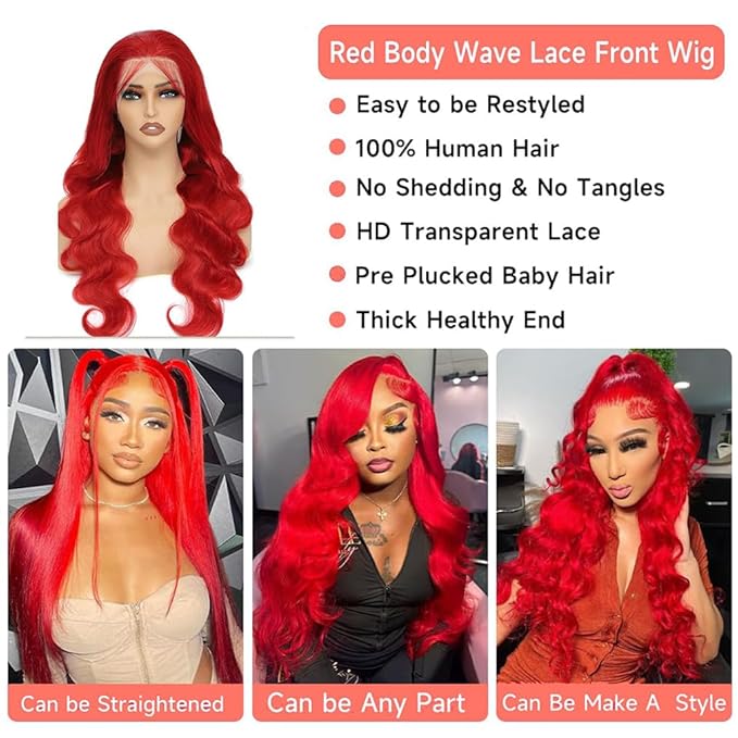 Red 13x6 Lace Front Wigs Human Hair Pre Plucked Body Wave Human Hair Wig Hot Red Lace Frontal Wigs For Black Women 180% Density 28 Inch