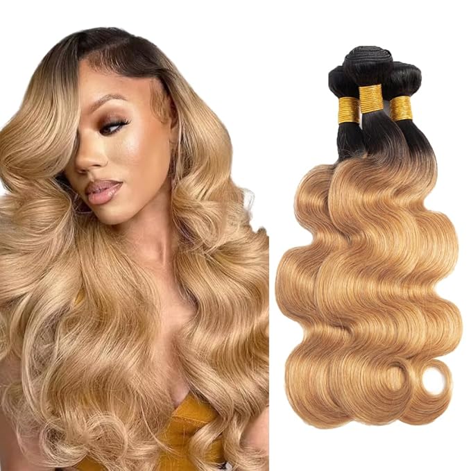 Ombre Bundles Human Hair 1b27 Body Wave Bundles 14 16 18 Inch Brazilian Virgin Remy Hair Extensions Double Weft 2 Tone Black and Honey Blonde Body Wave Bundle