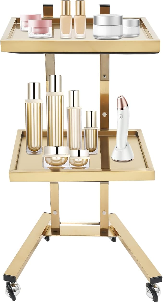 2 Tier Foldable Tray Trolley, Stainless Steel Salon Storage Metal Rolling Cart Mobile Hairdressing Tool Organizer with Wheels for Hair Salon, Studios, Spa Salons (Gold)