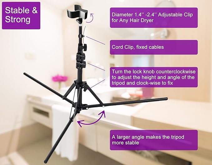 Purple River Hair Dryer Stand Black 20-63 Inch Adjustable Blow Dryer Holder with Tripod and Universal Clip, Easy to Use, Hands Free Relieve Wrist Pain, Shoulder Periarthritis etc