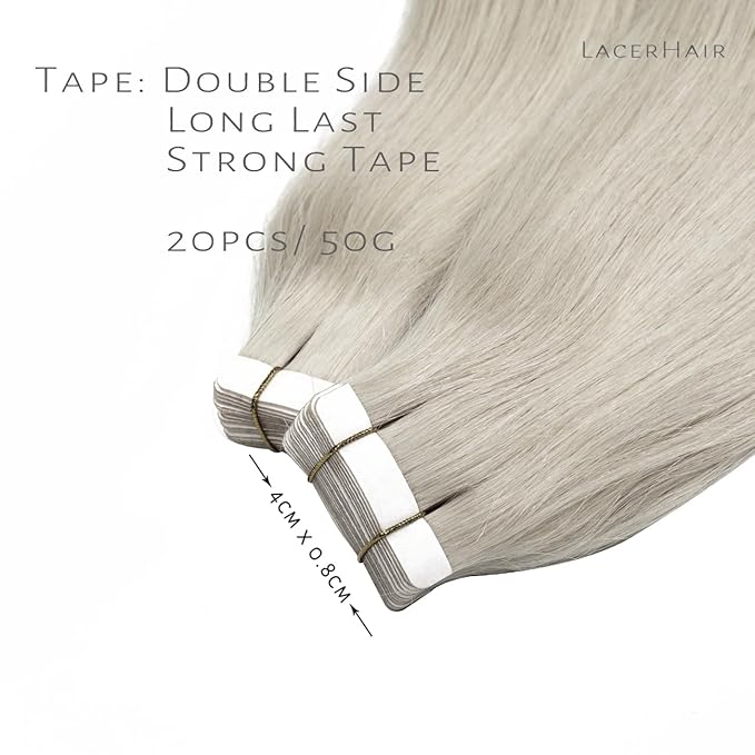 Lacer Tape in Hair Extensions - Human Hair, 20 Inch, Natural Grey Silver, Seamless, Silky Straight, 20pcs, 50grams