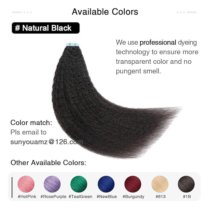 SUYYA Kinky Straight Tape in Extensions Natural Black Tape in Hair Extensions Human Hair Kinky Straight 12 Inch Skin Weft 40g/Pack 20PCS Tape INS for Women(#1B Natural Black)