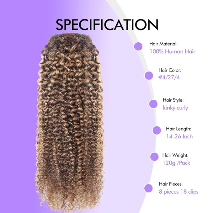 Curly Clip In Hair Extensions Real Human Hair Clip Ins Balayage Chocolate Brown to Caramel Blonde Human Hair Extensions 8Pcs with18clips 120g/Set (14 inch，#4/27/4)