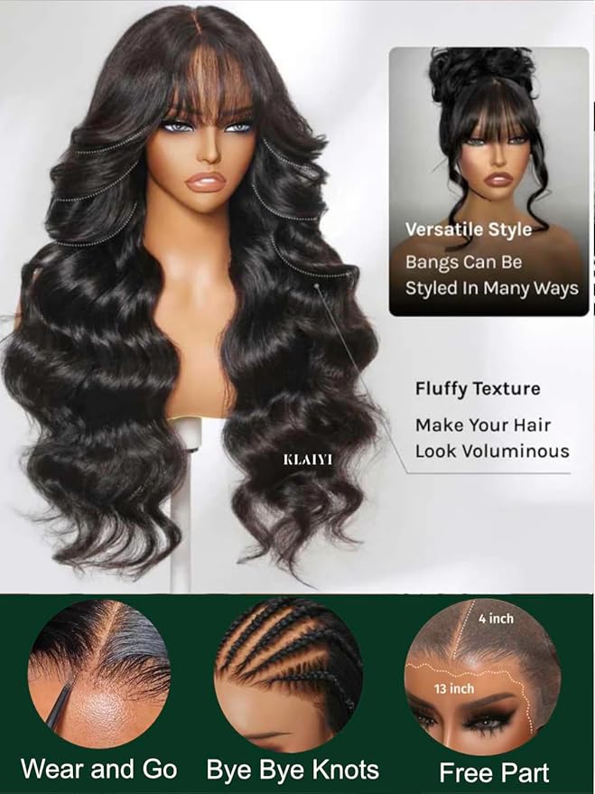 KLAIYI Pre Everything Glueless 13x4 Lace Front Wigs Human Hair Loose Body Wave Bye Bye Knots Pre Cut Lace Pre Bleached Pre Plucked 30S Ready to Wear And Go Frontal Wig with Natural Curtain Bang 20Inch