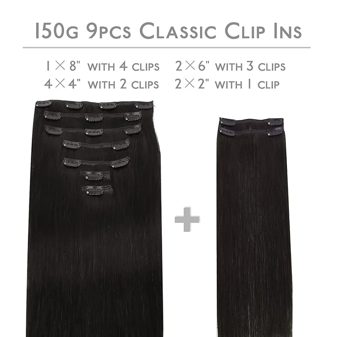 WENNALIFE 18 Inch Clip In Hair Extensions Human Hair, 1B Natural Black Hair Extensions