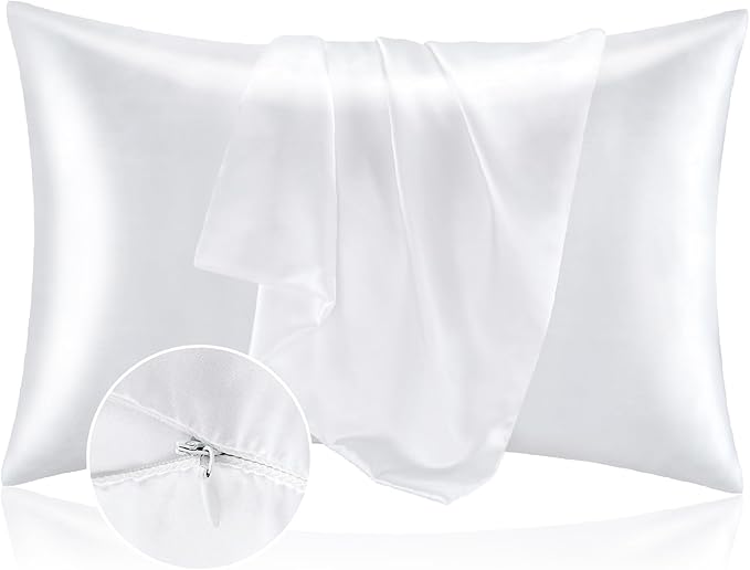 BEDELITE Satin Pillowcase with Zipper 2 Pack, White Pillow Cases Standard Size, Super Soft and Cooling Similar to Silk Pillow Cases, Gift for Women Men(20x26 Inches)
