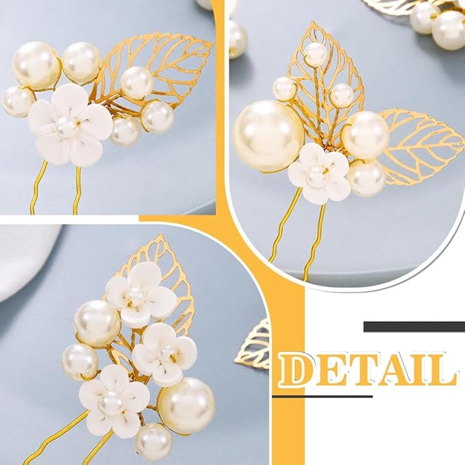 Evild Gold Bridal Hair Pins Pearl Wedding Hair Pieces Leaf Hair Accessories for Women (Pack of 3)