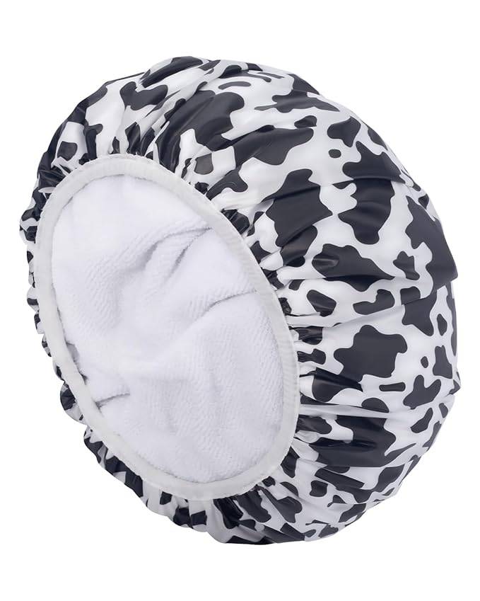 Auban Shower Cap, Shower Cap for Women Terry Cloth Lined EVA Exterior Reusable Double Layer Waterproof, Large Bath Hair Cap for All Hair Lengths, Hotel Travel Essentials Accessories Deep Conditioning