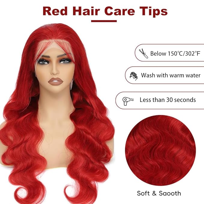 Red 13x6 Lace Front Wigs Human Hair Pre Plucked Body Wave Human Hair Wig Hot Red Lace Frontal Wigs For Black Women 180% Density 28 Inch