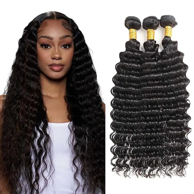 28 30 32 Inch Deep Wave Bundles Natural Black Human Hair Bundles Niegmeag Unprocessed Virgin Soft and Silky Remy Hair Extensions For Woman #1B Color