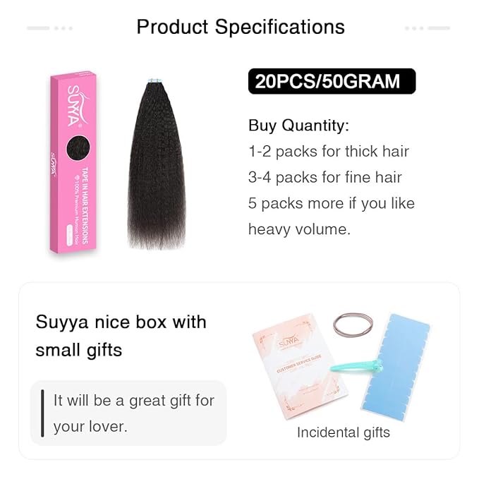 SUYYA Kinky Straight Tape in Extensions Natural Black Tape in Hair Extensions Human Hair Kinky Straight 18 Inch Skin Weft 50g/Pack 20PCS Tape INS for Women(#1B Natural Black)