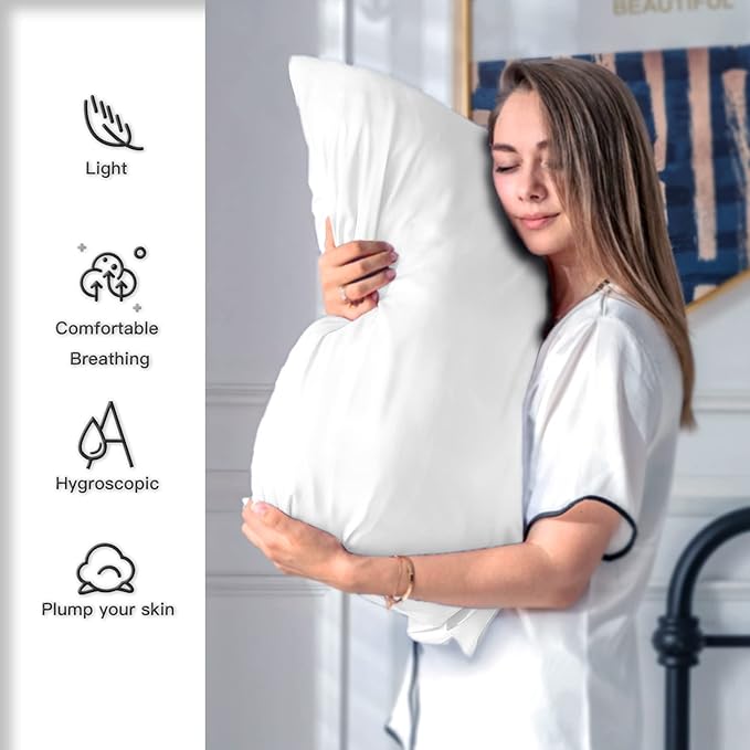 Mulberry Silk Pillowcase for Hair and Skin Pillow Case with Hidden Zipper Soft Breathable Smooth Cooling Silk Pillow Covers for Sleeping (White, King（20"X 36"）)