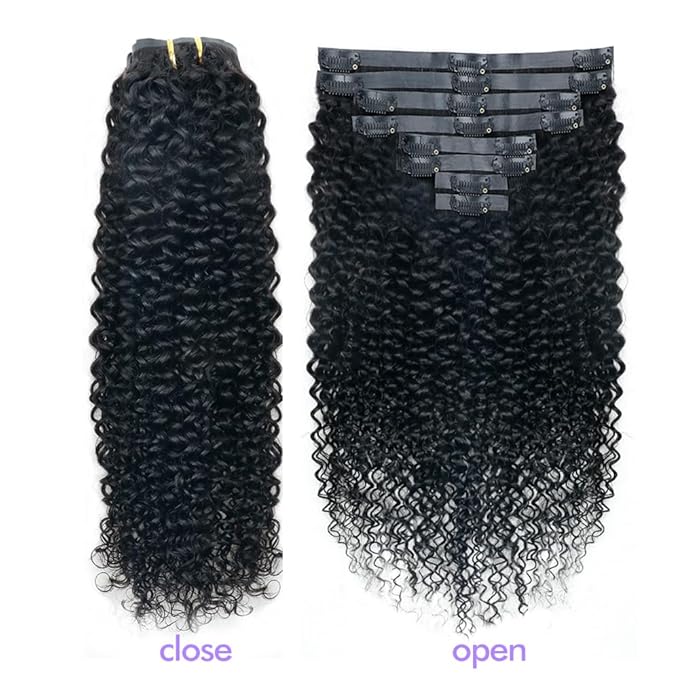 Seamless 3C 4A Kinky Curly Clip In Extension PU Weft Curly Clip in Extension Human Hair Clip Ins Full Head for Black Women Brazilian Remy Human Hair Natural Color 8Pcs with18clips 120g/Set (22 inch)