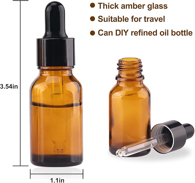 1/2 oz Glass Dropper Bottle, 15ml Amber Tincture Bottle with Dropper, Label, Leak-Proof Travel Dropper Bottles for Essential Oils, Fragrances and Concentrated Tincture Extracts (8 Pcs)