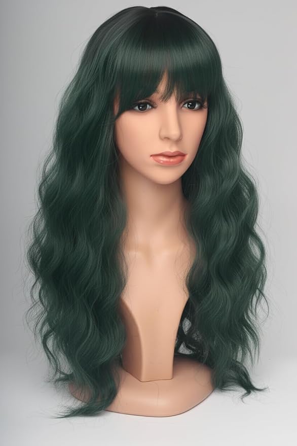 24 Inch Forest Green Wavy Wig with Bangs, Heat Resistant Synthetic Hair for Women, Adjustable Cap with Snap Clips for Daily Use, Wedding, Cosplay