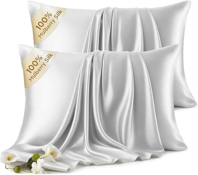 Set of 2 100% Silk Pillow Cases King - 6A Luxury Mulberry Silk Pillowcase for Hair and Skin - Anti-Wrinkle, Cooling & Smooth, Hidden Zipper - Pillowcases for Sleeping Women Girl, Boy, Silver Grey