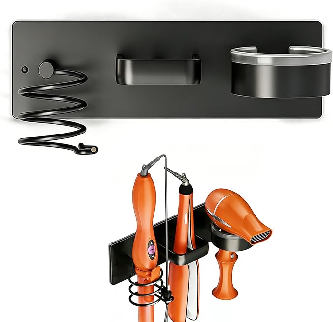 3 in 1 Wall Mounted Hair Dryer Holder, Metal Hair Dryer Stand with Organizer for Curling Iron & Styling Tools, Punch-Free & Punchable Bathroom Storage Rack
