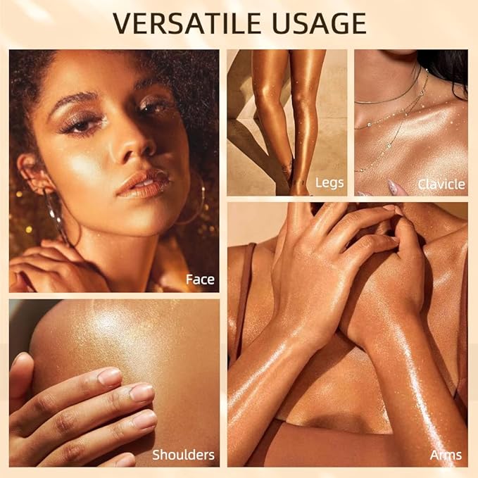 40ml Body Shimmer Oil,Face and Body Liquid Luminizer,Smooth Body Shimmer Oil For Sunshine Bath, Waterproof Moisturizing Light Shimmer Glow Illuminator,Liquid Highlighter Makeup,Makeup Brush Include (3#-Bronze Gold)