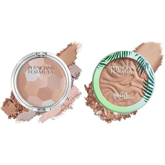 Physicians Formula Setting Powder Palette Multi-Colored Pressed Finishing Powder Translucent, Natural Coverage & Murumuru Butter Bronzer | Light Bronzer | Bronzer Face Powder Makeup