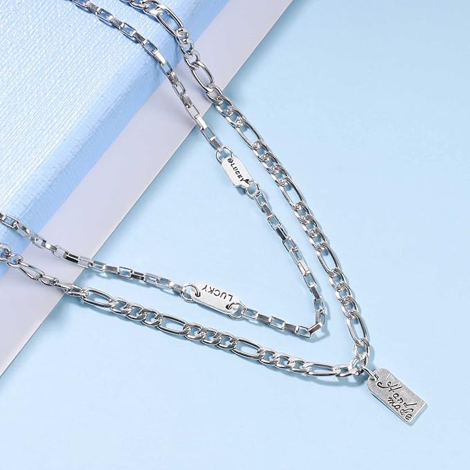 Boho Layered Silver Bar Necklace Choker Figaro Chain Necklace Vintage Layering Link Chain Necklace Geometric Necklace Jewelry for Women and Girls