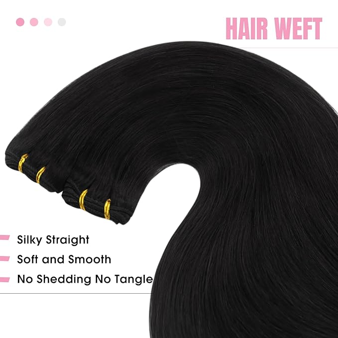 YoungSee 24 inch Black Hair Extensions Weft Sew in Hair Extensions Jet Black Weft Hair Extensions Human Hair Long Straight Remy Hair for Natural Look 100G
