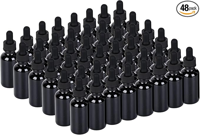 1 oz UV Resistant Dropper Bottle 48 Pack Black Glass Boston Bottles 30ml with Eye Droppers Black Caps for Essential Oils, Perfume, Leak Proof Travel Bottles for Liquids