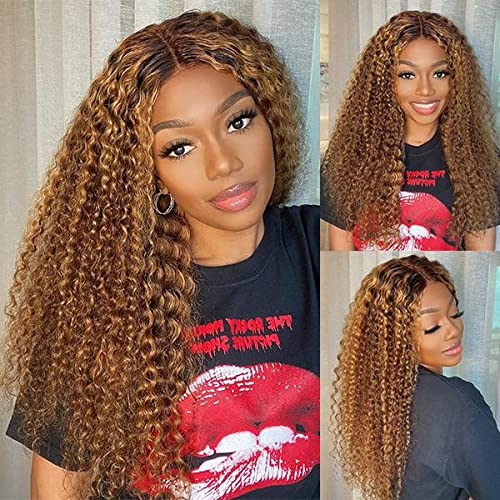 CYNOSURE 13x5 Highlight Ombre Deep Wave Curly Lace Front Wigs Human Hair 26Inch Honey Blonde Deep Curly Wig HD Transparent Lace Frontal Wigs Pre Plucked 180 Density Human Hair for Women