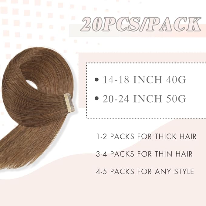 Human Hair Tape in Extensions, Medium Brown Hair Extensions Real Human Hair 20 Inch 20pcs Remy Straight Tape ins Invisible Tape in Hair Extensions Human Hair (10#,20 Inch)