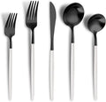 Matte Black White Silverware Set for 6,Modern Stainless Steel Brushed Cutlery Set,30-Pieces Heavy Duty Flatware Set,Knives Spoons and Forks Set Utensils Set, Satin Finish, Dishwasher Safe