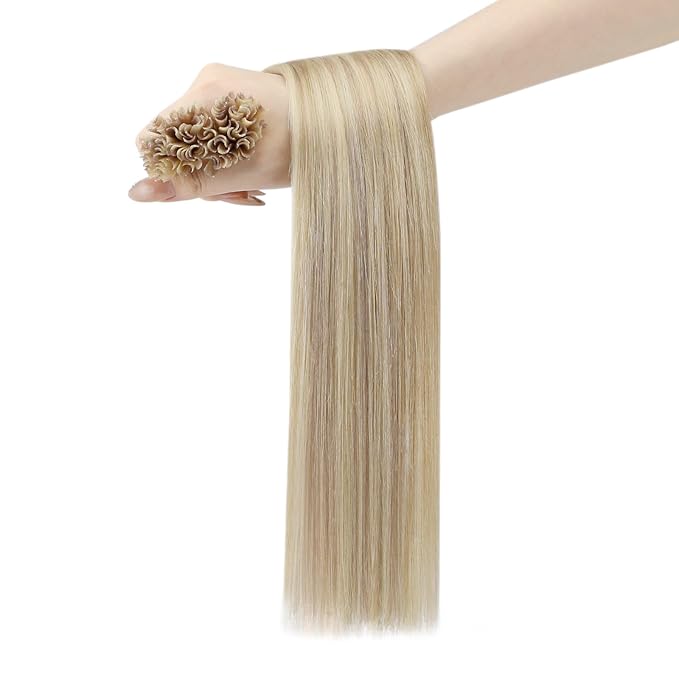 YoungSee Utip Hair Extensions Human Hair Highlight Blonde U Tip Hair Extensions Ash Blonde Mixed Bleach Blond Ktip Hair Extension Highlight Pre Bonded Hair Extension 14In 1G/S 50G for Parties
