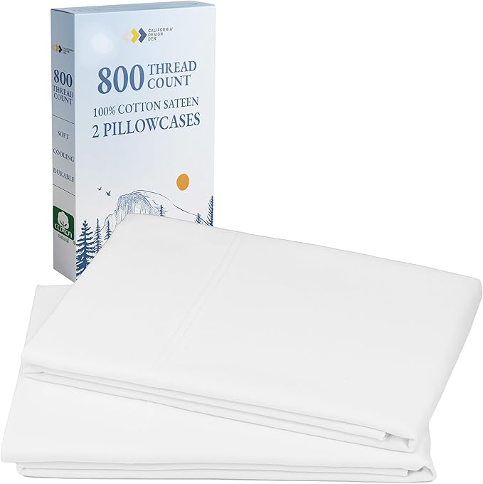 California Design Den Heirloom Soft, Smooth & Thick Certified 800 Thread Count 100% Cotton Sateen, 2 King Size Pillow Cases, Fits King Pillows (Bright White)