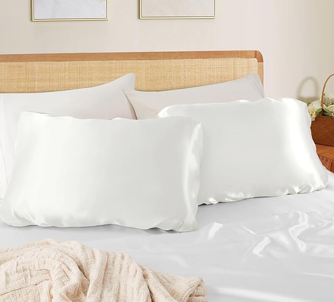 SiinvdaBZX Ivory White Satin Pillowcase Standard/Queen Size Set of 2, Silky Travel Elastic Band Satin Pillow Case for Hair and Skin, Soft Portable & Fit for Various Pillow