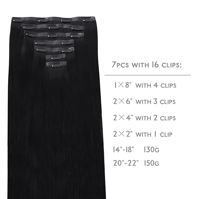 WENNALIFE Seamless Clip In Hair Extensions, 22 Inch 150g 7pcs Jet Black Hair Extensions Clip in Human Hair Invisible PU Skin Weft Natural Remy Human