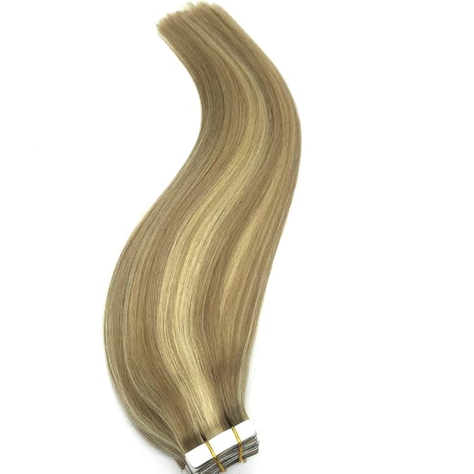 GOO GOO Tape in Hair Extensions Human Hair, 16/22 Light Blonde Highlighted Golden Blonde, 18inch 50g 20pcs, Skin Weft Seamless Invisible, Silky Straight with Thick Ends, Remy Human Hair