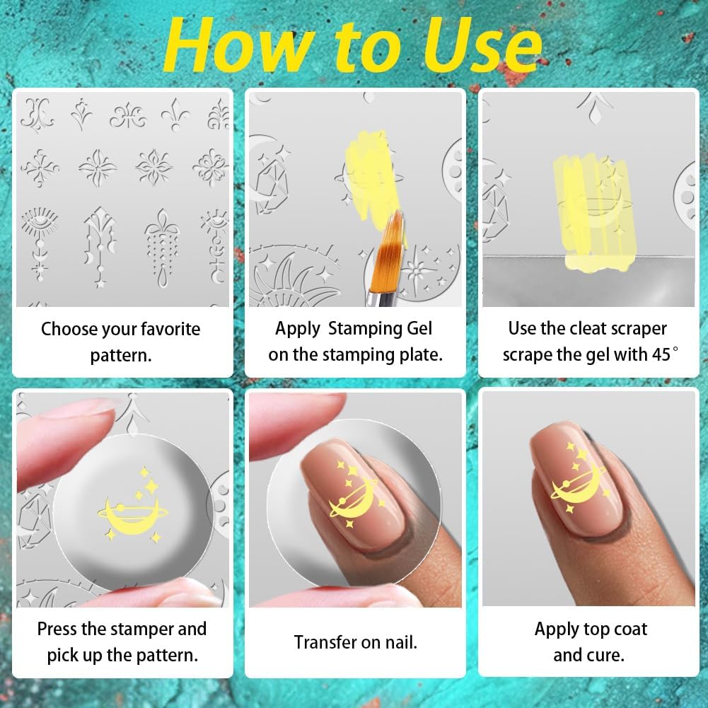 3Pcs Moon Nail Stamping Plate Set Star Sun Meteors Bohemia Stainless Steel Nail Stamp Templates Clear Silicone Nails Stamping with Stamper Scraper for Manicure Printing