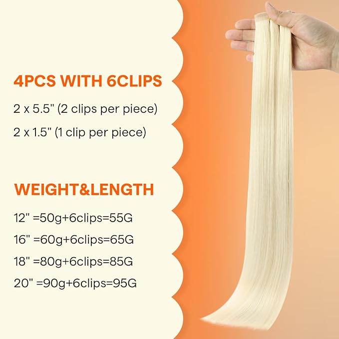 Full Shine Blonde Seamless Hair Extensions, Color 1000 Blonde Seamless Clip in Hair Extensions Human Hair, PU Weft Invisible Straight Remy Hair for Thin Hair Add Volume&Coverage, 4Pcs 18 Inch 85 grams