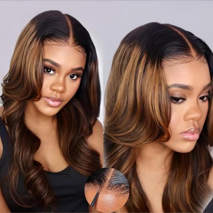 KLAIYI Bye Bye Knots Glueless Ombre Brown Body Wave Pre Cut 7x5 Lace Front Wigs Human Hair Drawstring Pre Plucked Bleached Pre Everything Ready to Wear and Go Wig Highlight Balayage Colored Wig 22Inch
