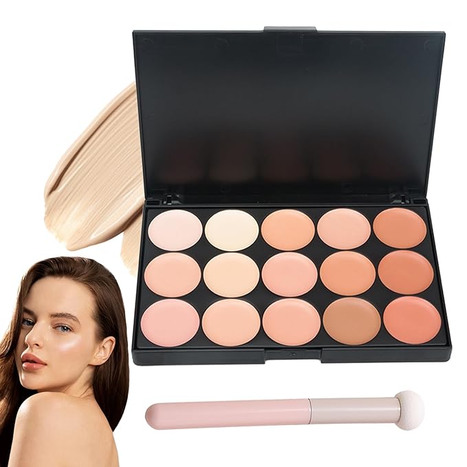 15 Colors Cream Contour Palette,Lightweight Concealer Full Coverage Contouring Liquid Foundation Palette,Multi-use Blendable Color Corrector Concealer Palette with Makeup Sponge