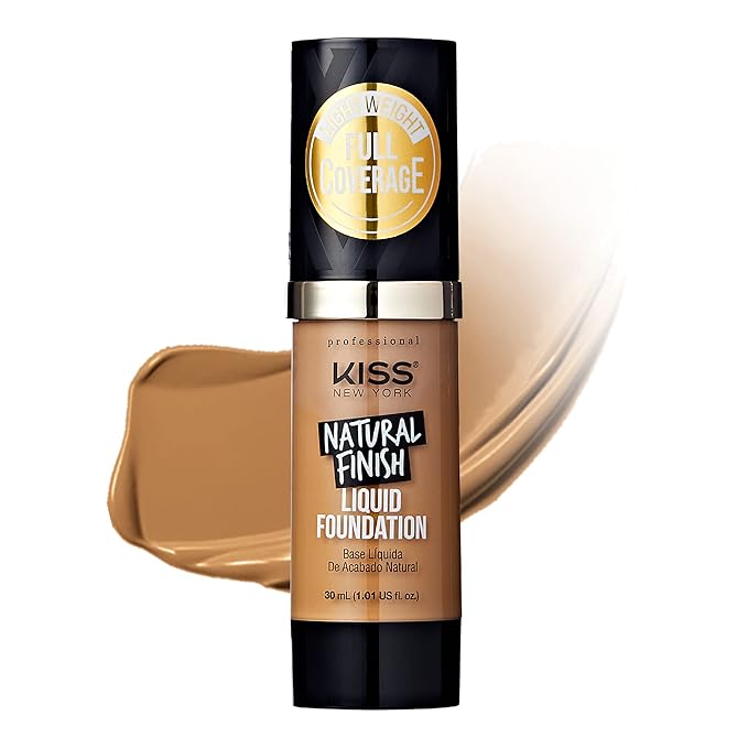 Kiss New York Professional Liquid Foundation - Lightweight and Hydrating Formula, Natural Finish, Control Shine, Cover Pores, Medium to Full Coverage, Green Tea Extract (Soft Tan)