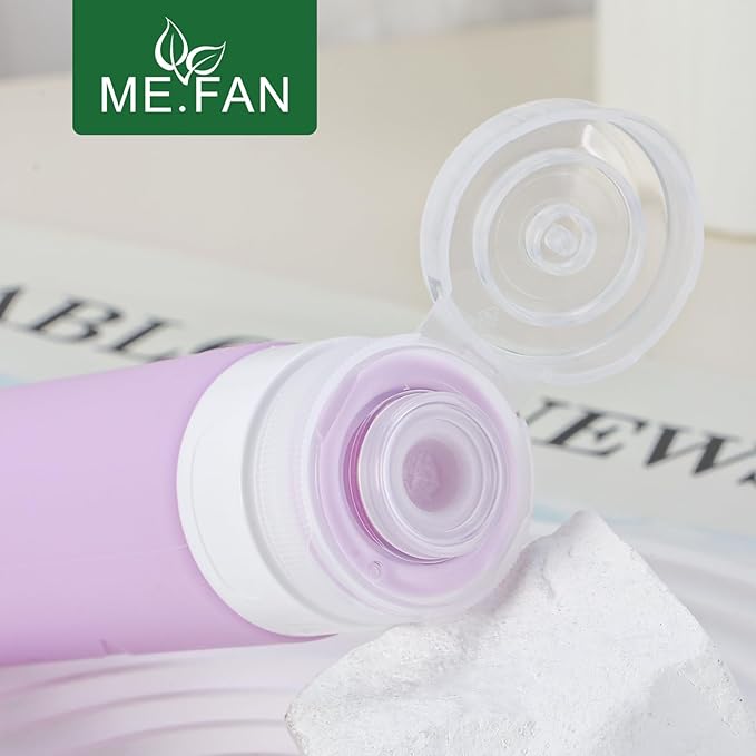 ME.FAN Travel Bottles for Toiletries, TSA Approved 3oz Travel Size Containers, Silicone Squeezable Portable Split Bottle, Travel Accessories for Conditioner, Shampoo, Lotion- 4 Pack Purple