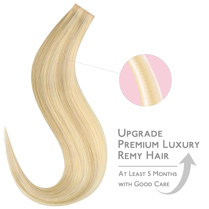 WENNALIFE Invisi Edge Tape in Hair Extensions Human Hair, 24 Inch 30g 10pcs Light Blonde Highlighted Golden Blonde Invisible Luxury Remy Hair Extensions Natural Seamless Injected Straight Extensiones