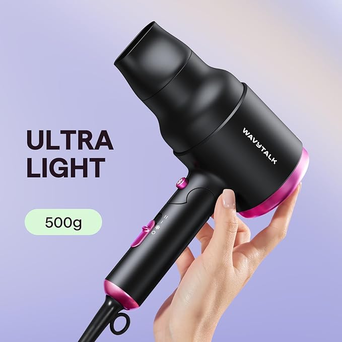 Wavytalk Hair Dryer with Diffuser, Foldable Hair Blow Dryer, 1600W Lightweight Diffuser Hair Dryer for Curly Hair, Black
