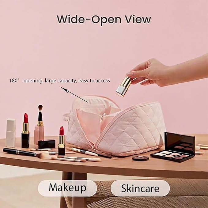 Petition Travel Makeup Bag for Woman,Festivalment Lay Flat Makeup Bag, Wide Open Water-Resistant Cosmetic Case,Puffy Padded Organizer for Toiletries & Brushes Large Capacity with Compartments (pink)